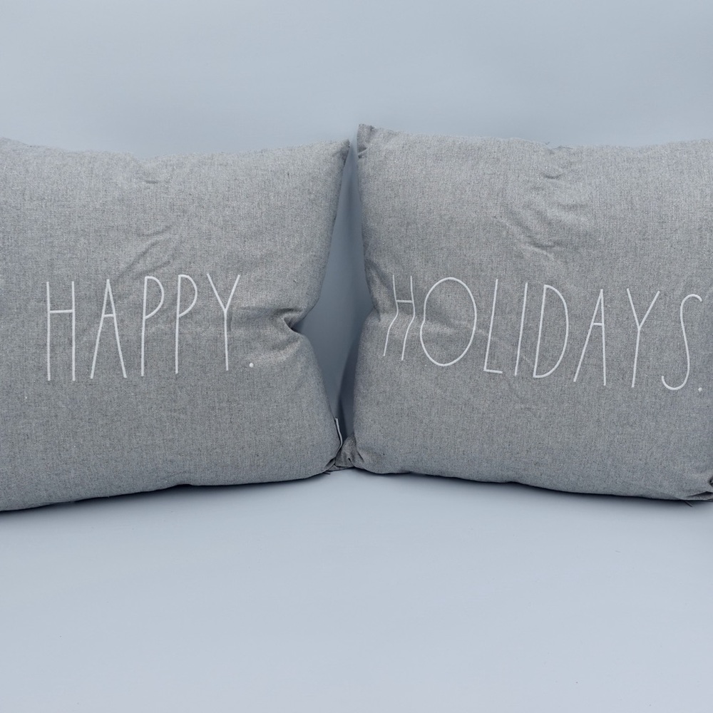 Rae Dunn Happy Holidays silver accent pillows